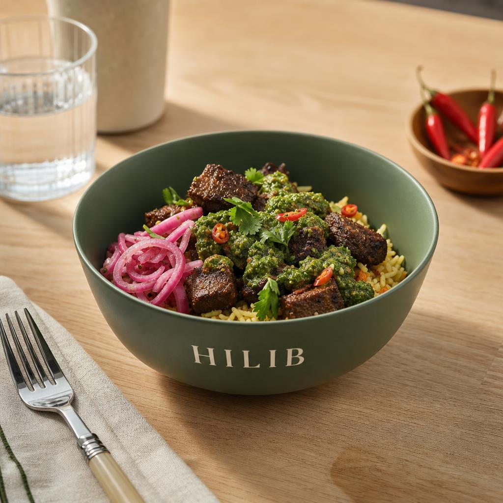 HILIB-signaturskål i grönt keramik med HILIB-logotyp, serverad med suqaar, bariis och shidnisås