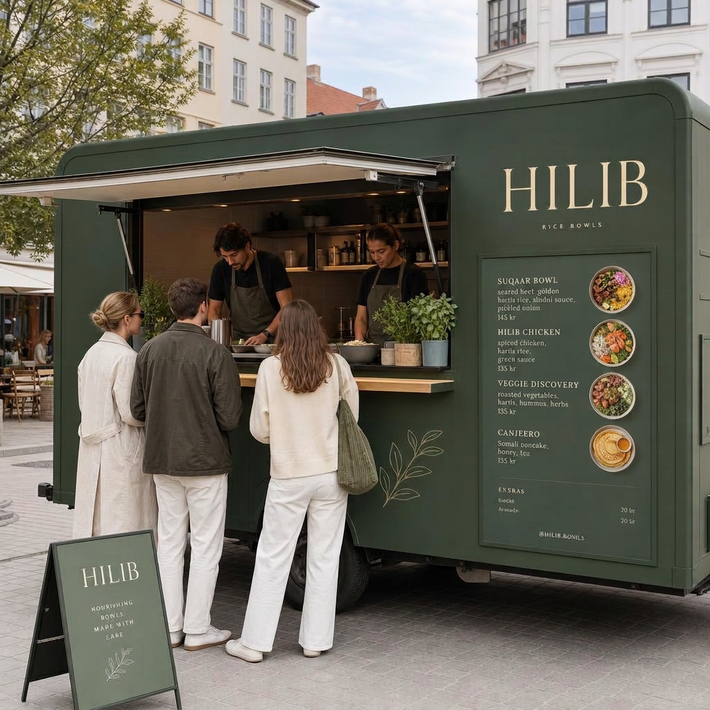 Konceptbild: HILIB food truck i skogsgrönt med menytavla och kunder på ett torg