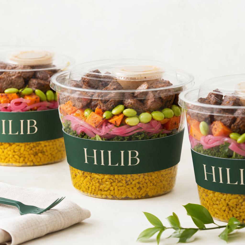 Konceptbild: HILIB To Go – färgglada grab-and-go bowls i genomskinliga skålar med grönt HILIB-band