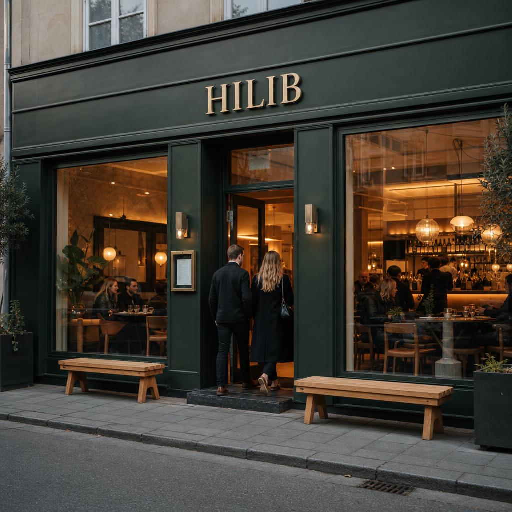 Konceptbild: HILIB-restaurangens skogsgröna fasad med upplysta fönster och gäster