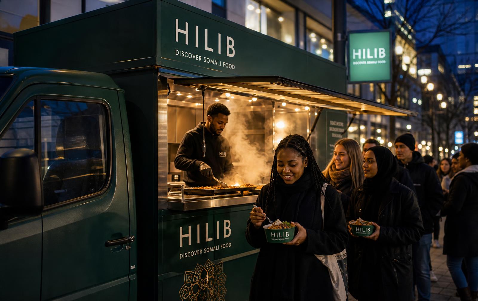 HILIB food truck upplyst en kväll, med kunder vid luckan